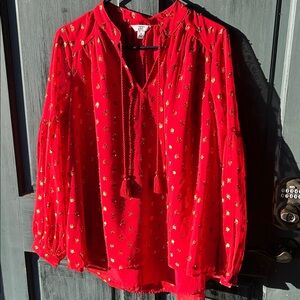 Crown and Ivy Rose Vibrant Red Blouse with Gold Details